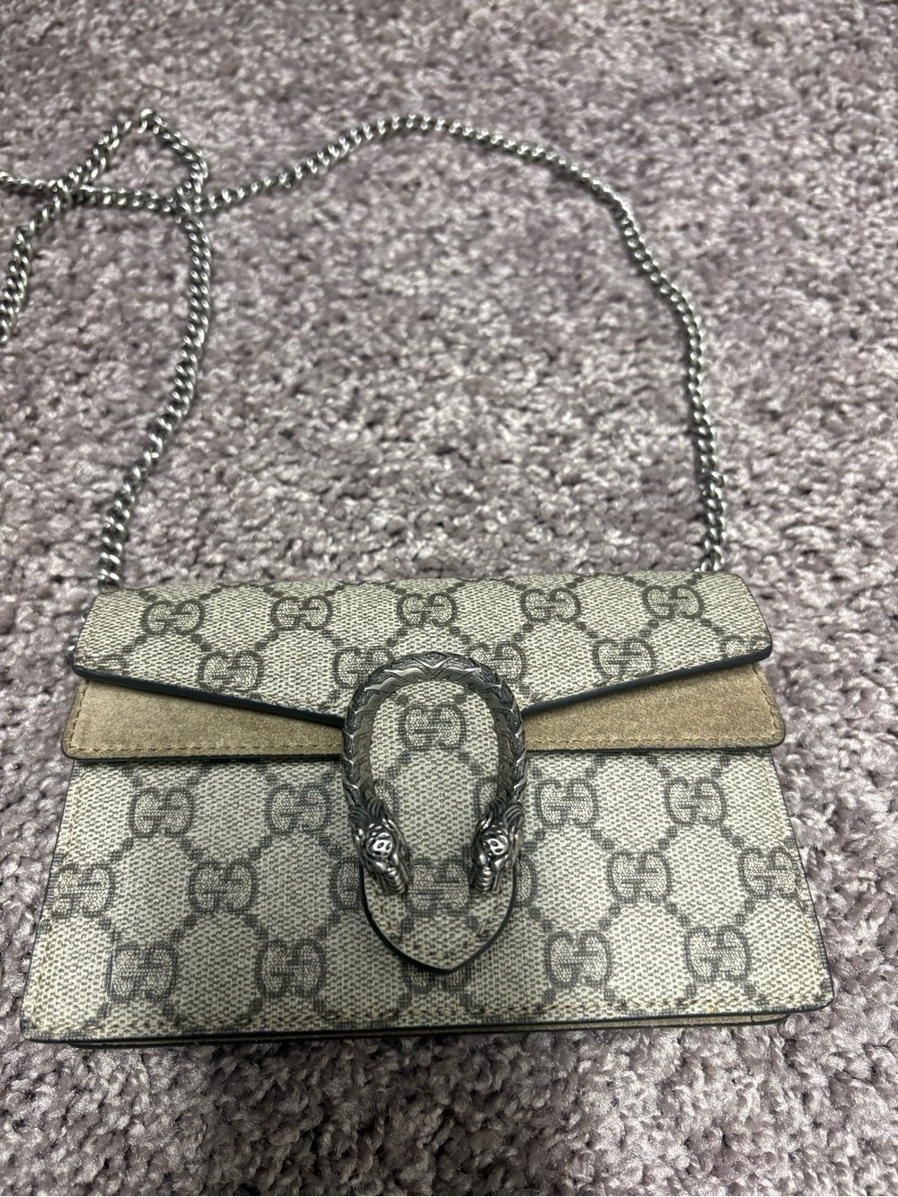 Gucci GG Supreme Beige/Tan Dionysus Crossbody Bag with Silver Chain